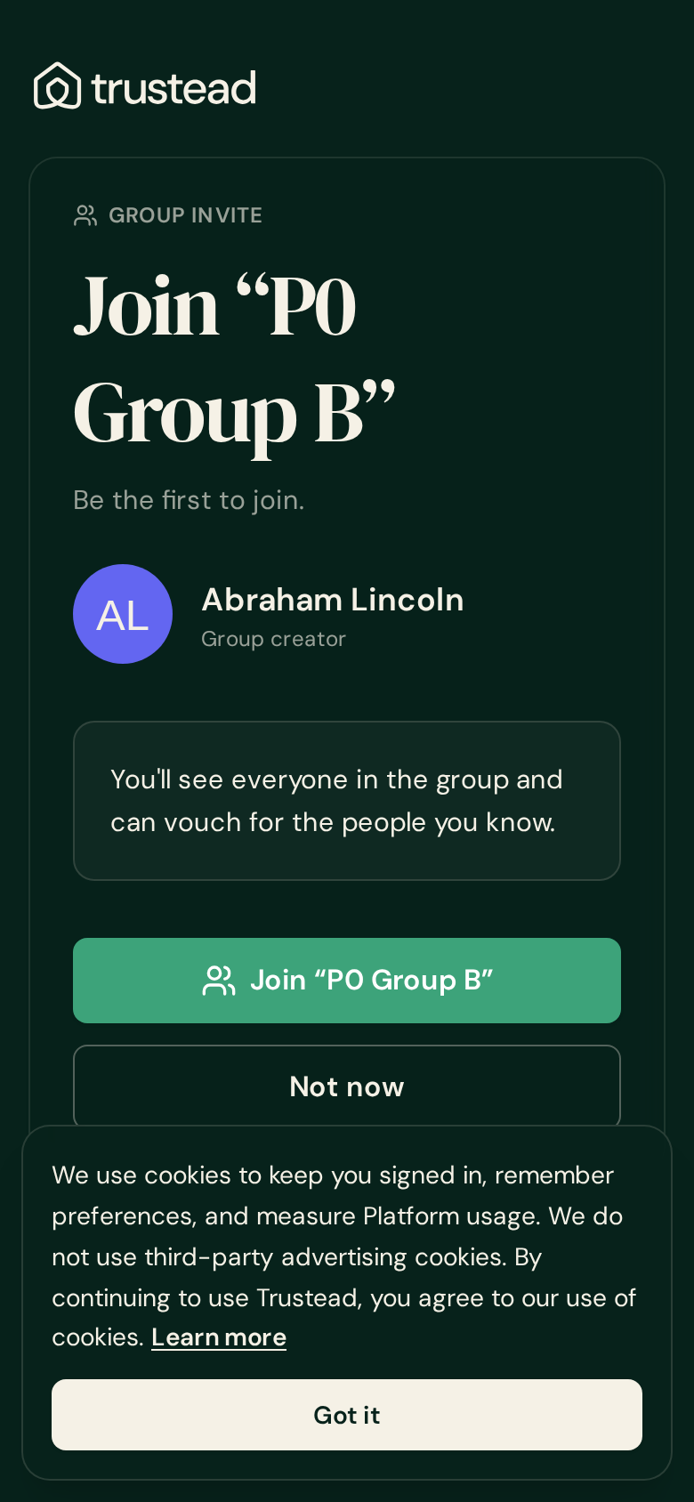 The group invite screen, showing Join P0 Group B with the group creator