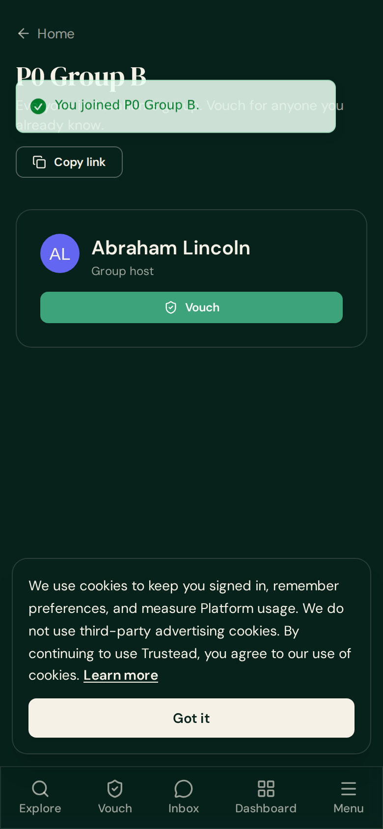 The group page after joining, showing the You joined confirmation and the group host listed