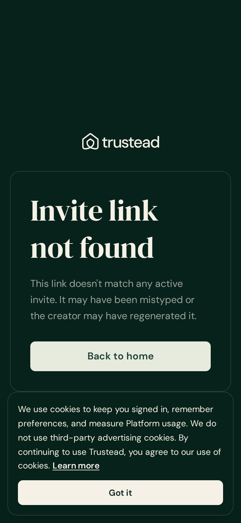 The invite dead-end card reading Invite link not found
